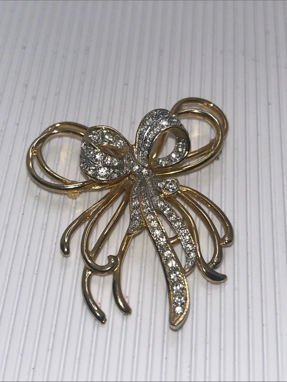 Gold and Silver Ribbon Bow Brooch with Crystals